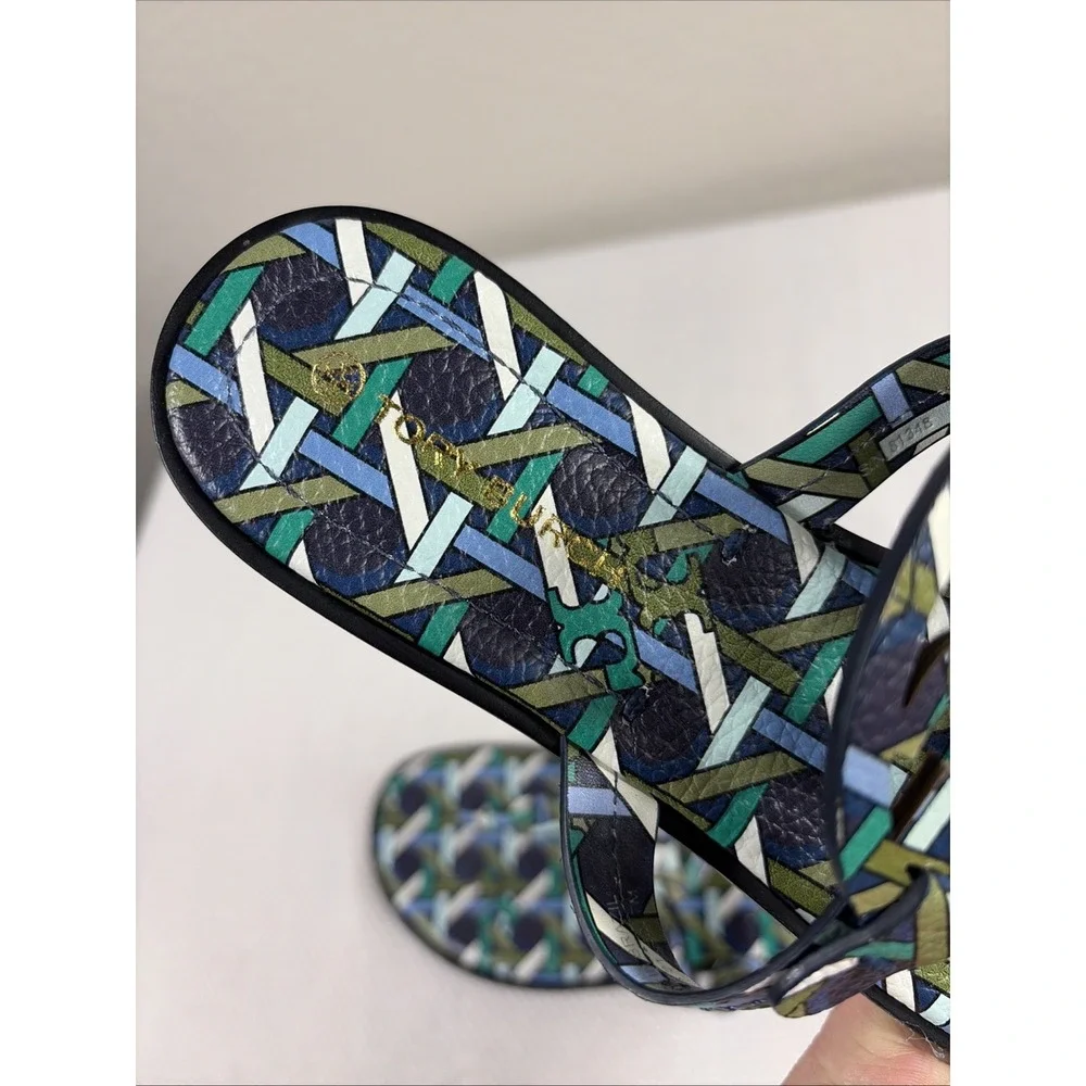 NWOB‎ Tory Burch Miller Welt Navy Green Caning Logo Miller Sandals Sz 7M